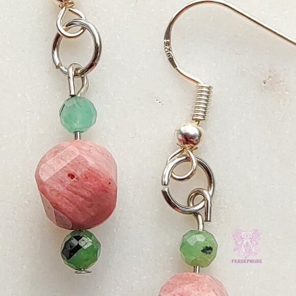 “Eostre” Goddess of Renewal Earrings | Emerald & Rhodonite | Handmade | Boho - Picture 3 of 4